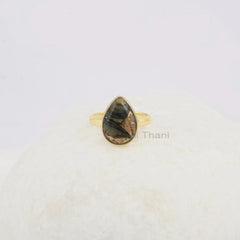 Black Copper Shell Ring - Pure 925 Silver - Gemstone Ring - 10x14mm Pear - Gold Plated - Artisan Jewelry - Jewelry for Girl - Gift for Niece