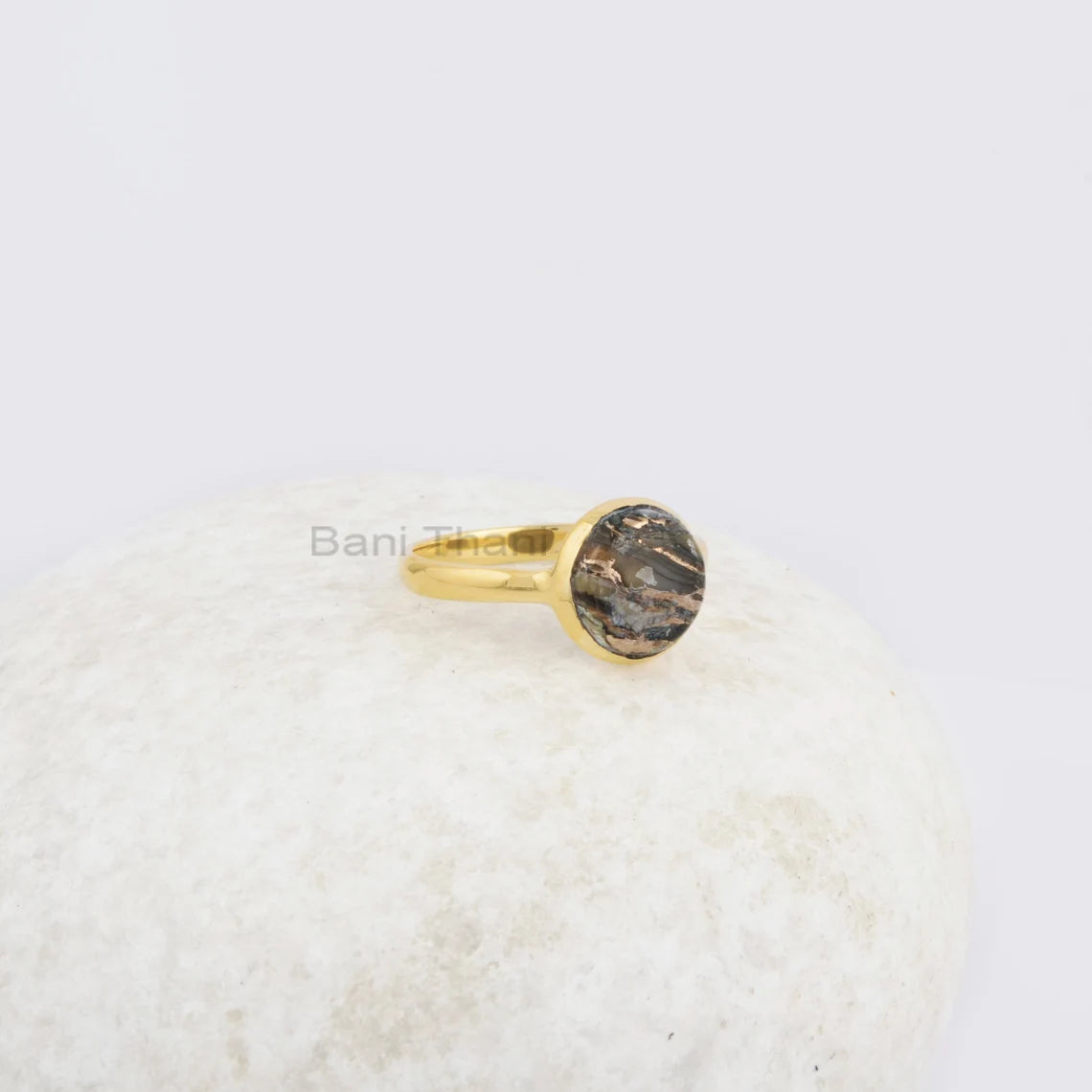 Round Shell Ring, 10 MM Black Copper Shell Gemstone Ring, 18k Gold Plated Sterling Silver Ring, Bezel Ring For Womens, Anniversary Gift Ring