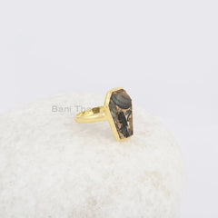 Black Copper Shell 10x17mm Coffin Shape Gemstone Ring - Gold Plated Ring - 925 Sterling Silver Ring - Christmas Gift - Jewelry for Womens