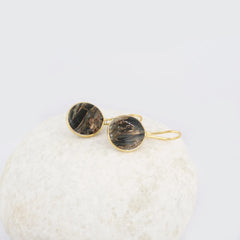 Handmade Bezel Black Copper Shell Gemstone Earring, Round 15mm Gemstone Silver Drop Earrings, 18k Gold Plated Earrings