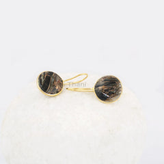 Handmade Bezel Black Copper Shell Gemstone Earring, Round 15mm Gemstone Silver Drop Earrings, 18k Gold Plated Earrings