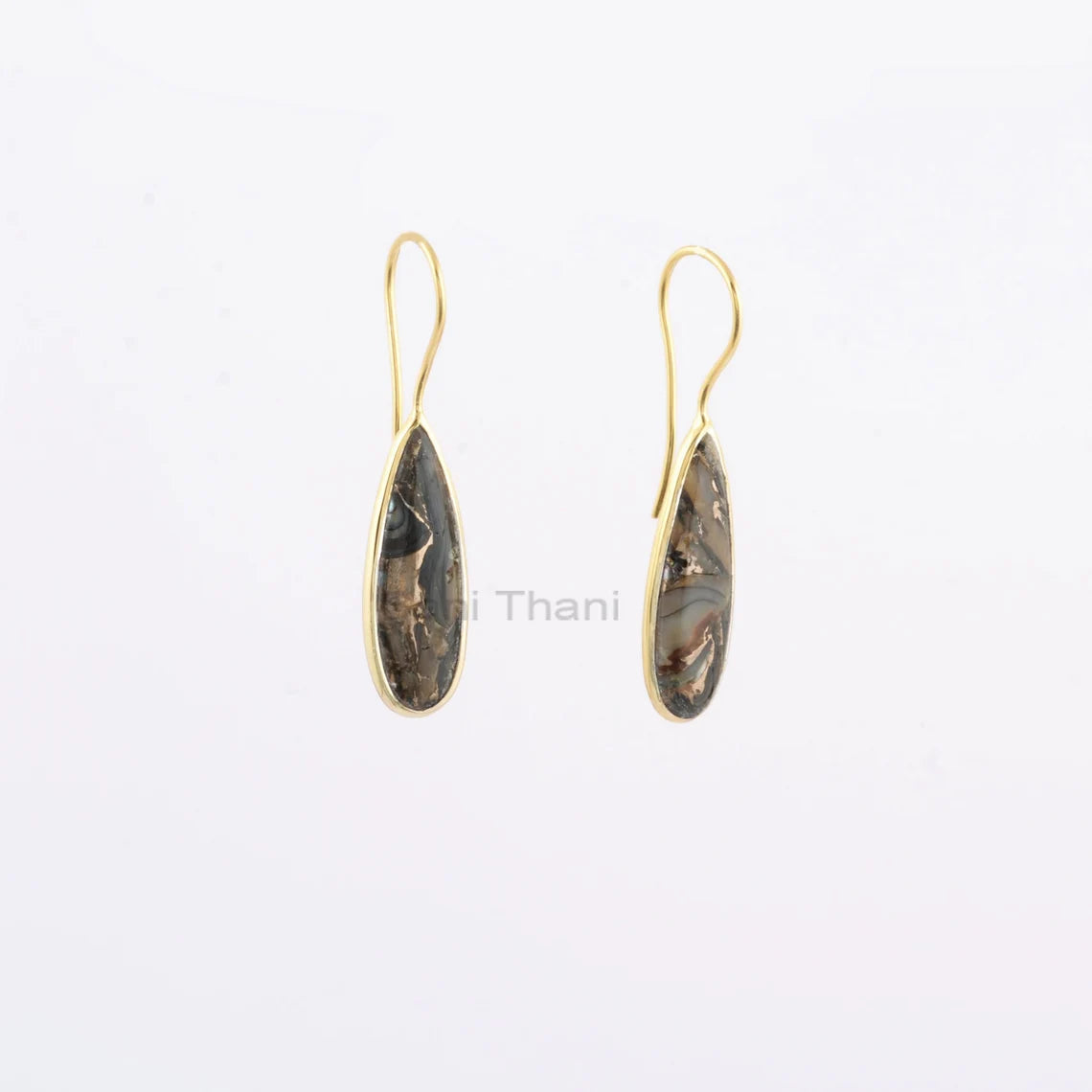 Long Pear Black Copper Shell Drop Earrings, 8x25mm Gemstone 925 Silver Boho Earrings, 18k Gold Plated Hook Earrings, Wedding Gift Earrings