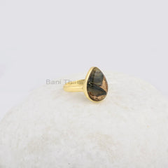 Black Copper Shell Ring - Pure 925 Silver - Gemstone Ring - 10x14mm Pear - Gold Plated - Artisan Jewelry - Jewelry for Girl - Gift for Niece