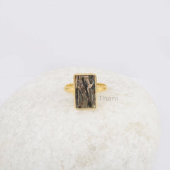 Black Copper Shell Gemstone Ring - Gold Plated Ring - 9x15mm Rectangle Shape Ring - 925 Solid Silver Ring - Wedding Gift Ring - Gift for Her