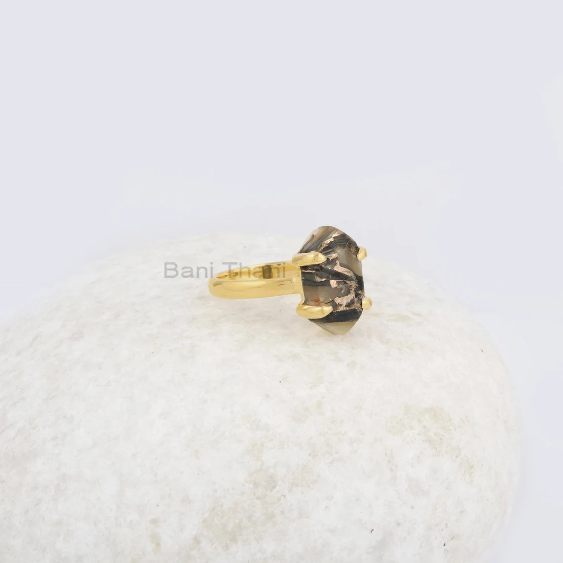 Hexagon Black Copper Shell Ring, Black Shell 8x15 MM Gemstone Ring, Gold Plated 925 Sterling Silver Prong Set Ring, Birthday Gift For Women