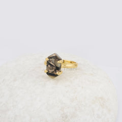 Hexagon Black Copper Shell Ring, Black Shell 8x15 MM Gemstone Ring, Gold Plated 925 Sterling Silver Prong Set Ring, Birthday Gift For Women