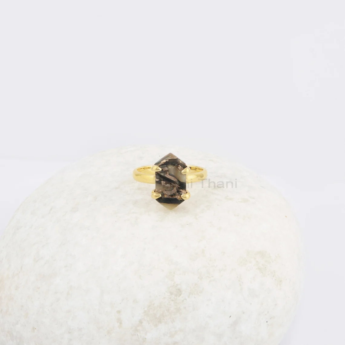 Hexagon Black Copper Shell Ring, Black Shell 8x15 MM Gemstone Ring, Gold Plated 925 Sterling Silver Prong Set Ring, Birthday Gift For Women