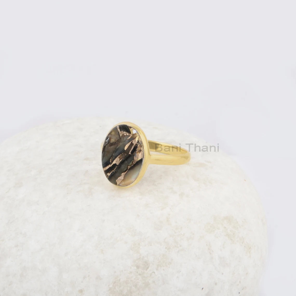 Black Copper Shell Ring, 10x14mm Oval Gemstone Ring, Micron Gold Plated 925 Sterling Silver Ring, Christmas Gift Ring, Birthday Gift Ring