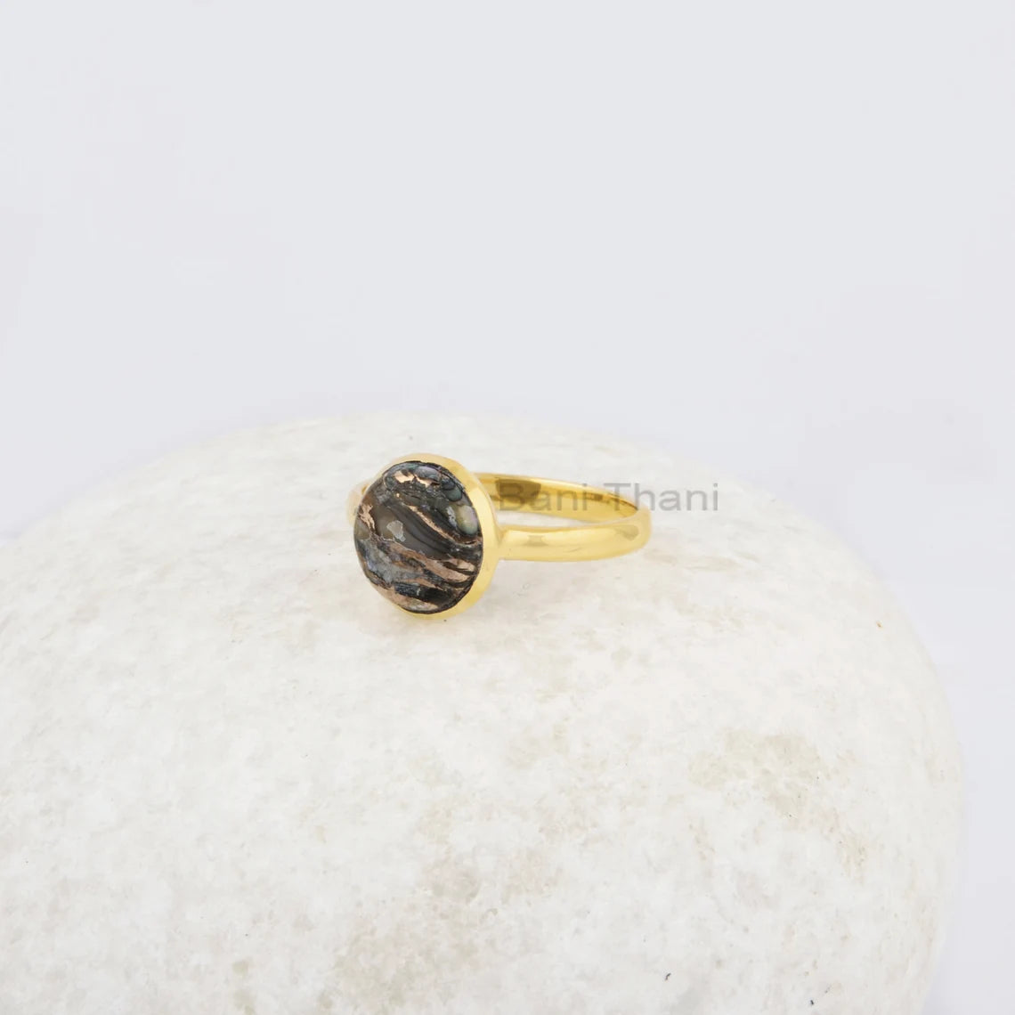 Round Shell Ring, 10 MM Black Copper Shell Gemstone Ring, 18k Gold Plated Sterling Silver Ring, Bezel Ring For Womens, Anniversary Gift Ring