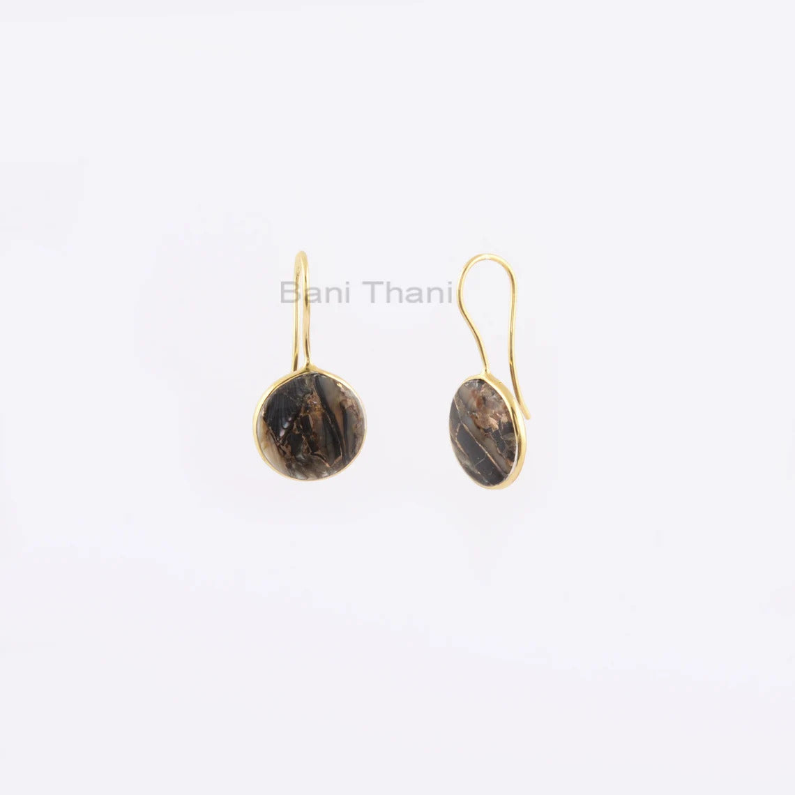 Handmade Bezel Black Copper Shell Gemstone Earring, Round 15mm Gemstone Silver Drop Earrings, 18k Gold Plated Earrings