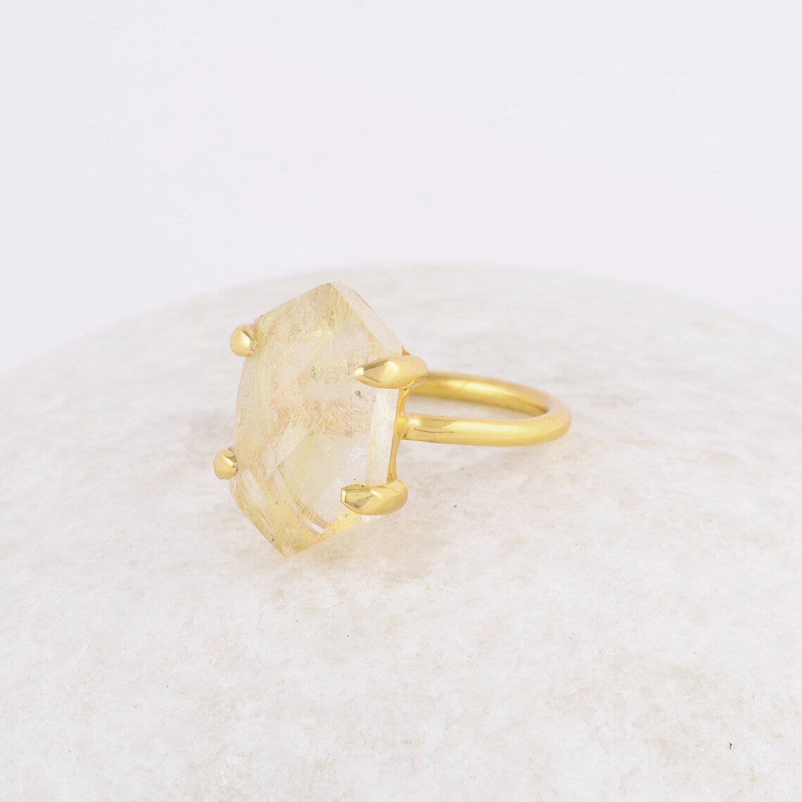 Golden Rutile Silver Ring - Golden Rutile Quartz 8x15mm Hexagon Shape Gemstone Ringn - 18k Gold Plated Ring - Rings For Women - Gift for Her