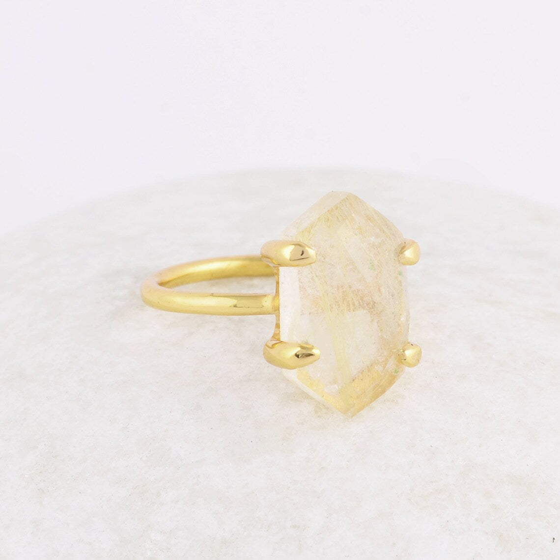 Golden Rutile Silver Ring - Golden Rutile Quartz 8x15mm Hexagon Shape Gemstone Ringn - 18k Gold Plated Ring - Rings For Women - Gift for Her