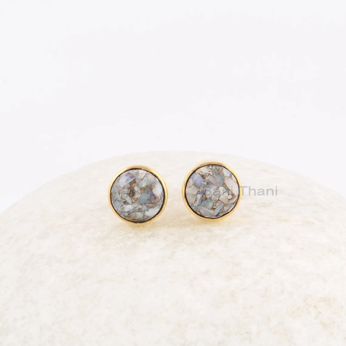 Elegant Ethiopian Opal Copper Round 9mm Gemstone Stud Earrings, 925 Silver Gold Plated Earrings, Wedding Gift Earrings, Simple Bezel Earring