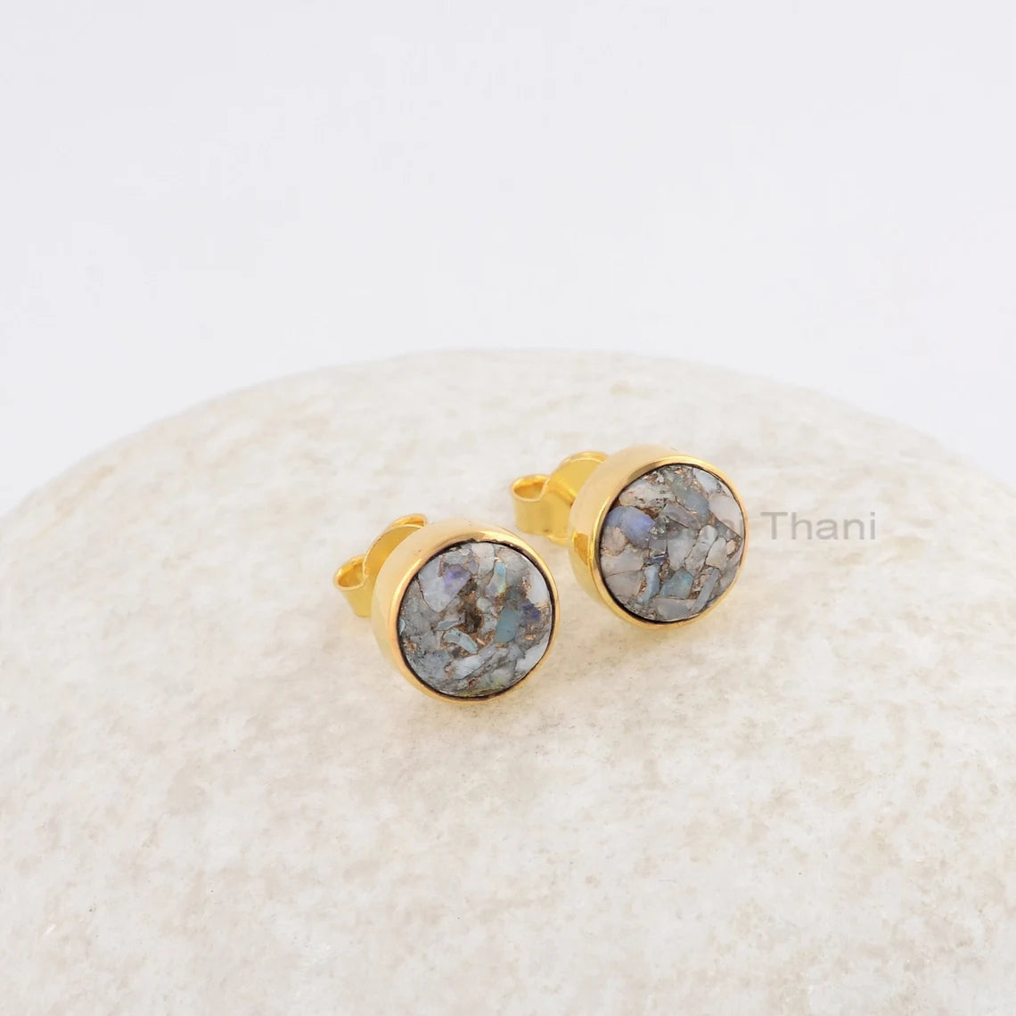 Elegant Ethiopian Opal Copper Round 9mm Gemstone Stud Earrings, 925 Silver Gold Plated Earrings, Wedding Gift Earrings, Simple Bezel Earring