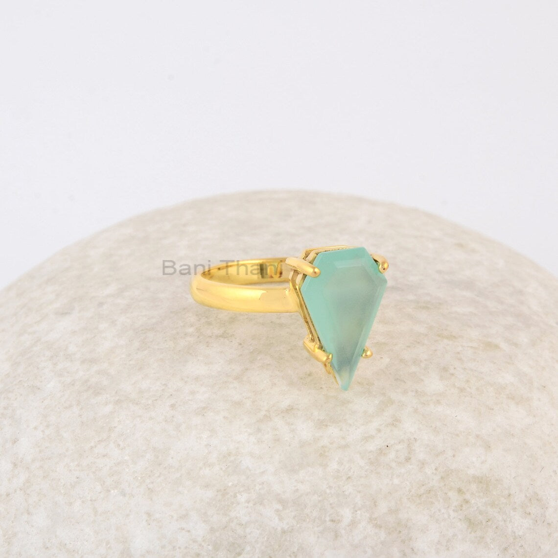 Aqua Chalcedony Gemstone Ring, Chalcedony 9x14mm Diamond Shape Sterling Silver Ring, Delicate Ring, Gold Plated Prong Set Ring, Gift for Her