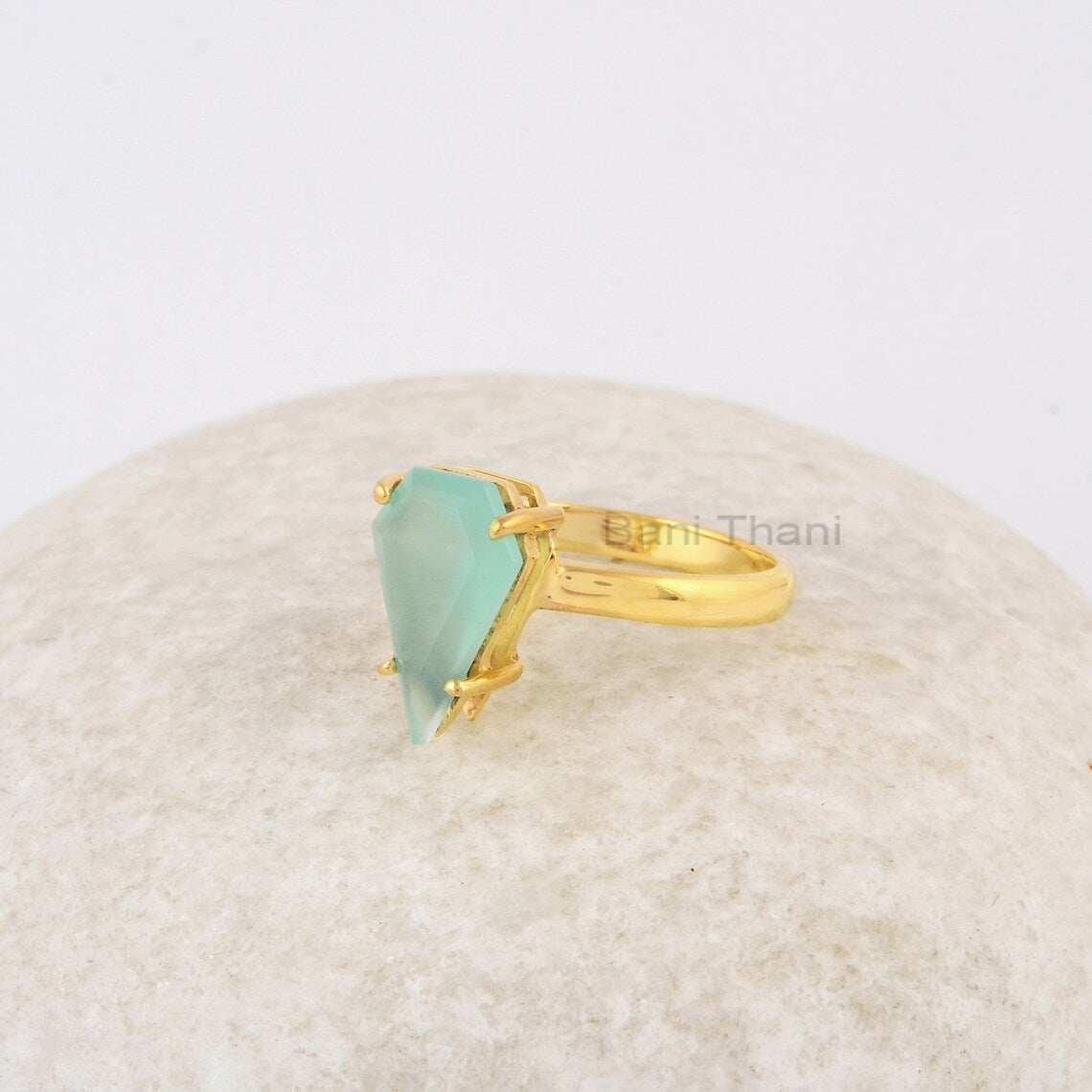 Aqua Chalcedony Gemstone Ring, Chalcedony 9x14mm Diamond Shape Sterling Silver Ring, Delicate Ring, Gold Plated Prong Set Ring, Gift for Her