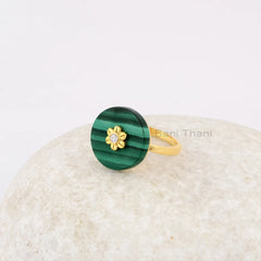 Flower Diamond Ring, Malachite 16mm Round Gemstone Ring, Gold Plated Silver Ring, Gift for Mother, Dainty Ring, Elegant Diamond Ring Jewelry