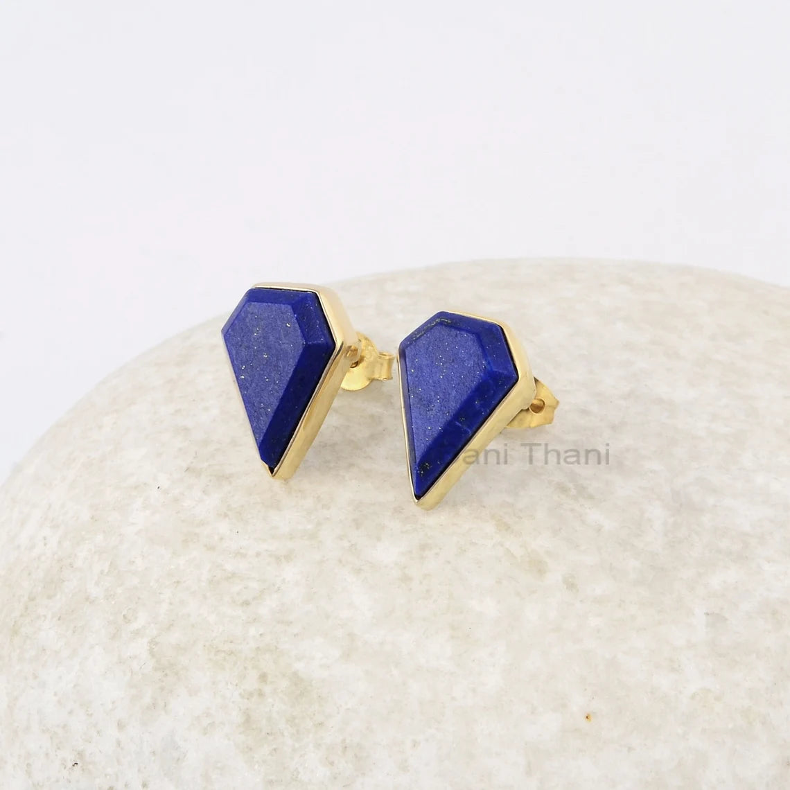 Lapis Lazuli Stud Earrings - 925 Pure Silver - Handcrafted Studs - 9x13mm Step Cut Diamond - Gift For Month Birthday - Jewelry For Young Mom