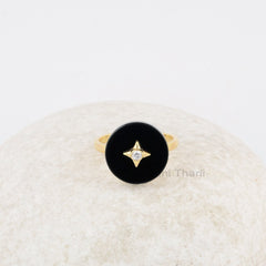 Star Diamond Ring, Gemstone Ring, Black Onyx Flat Sterling Silver Ring, Gold Plated Ring, Womens Ring, Minimalist Ring, Gemstone Jewelry