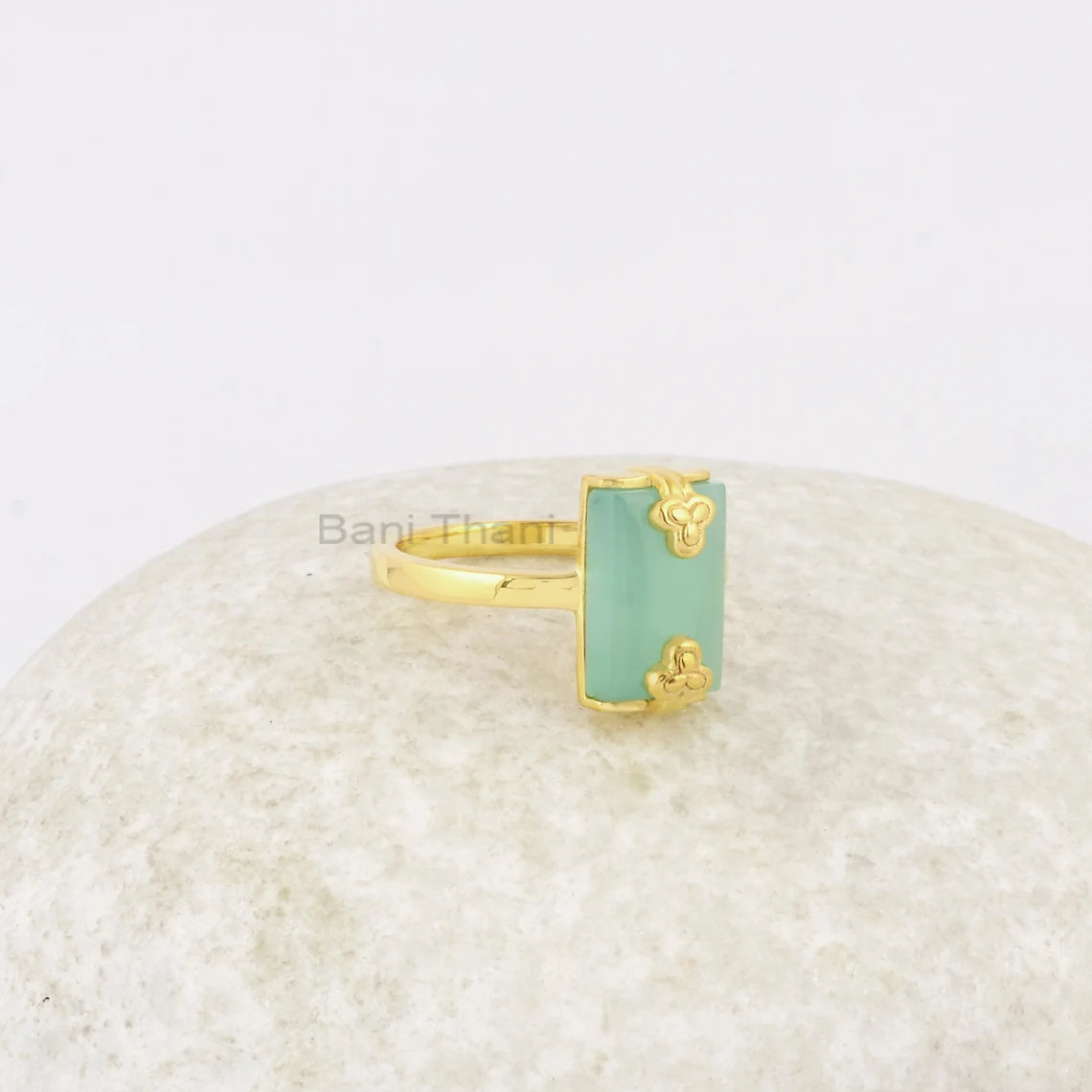 Aqua Chalcedony Ring - 925 Sterling Silver - 8x12mm Micron Gold Plated Ring - Designer Prong Set Jewelry - Jewelry For Sale - Gift for Her