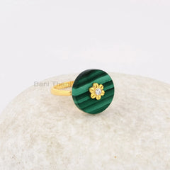 Flower Diamond Ring, Malachite 16mm Round Gemstone Ring, Gold Plated Silver Ring, Gift for Mother, Dainty Ring, Elegant Diamond Ring Jewelry