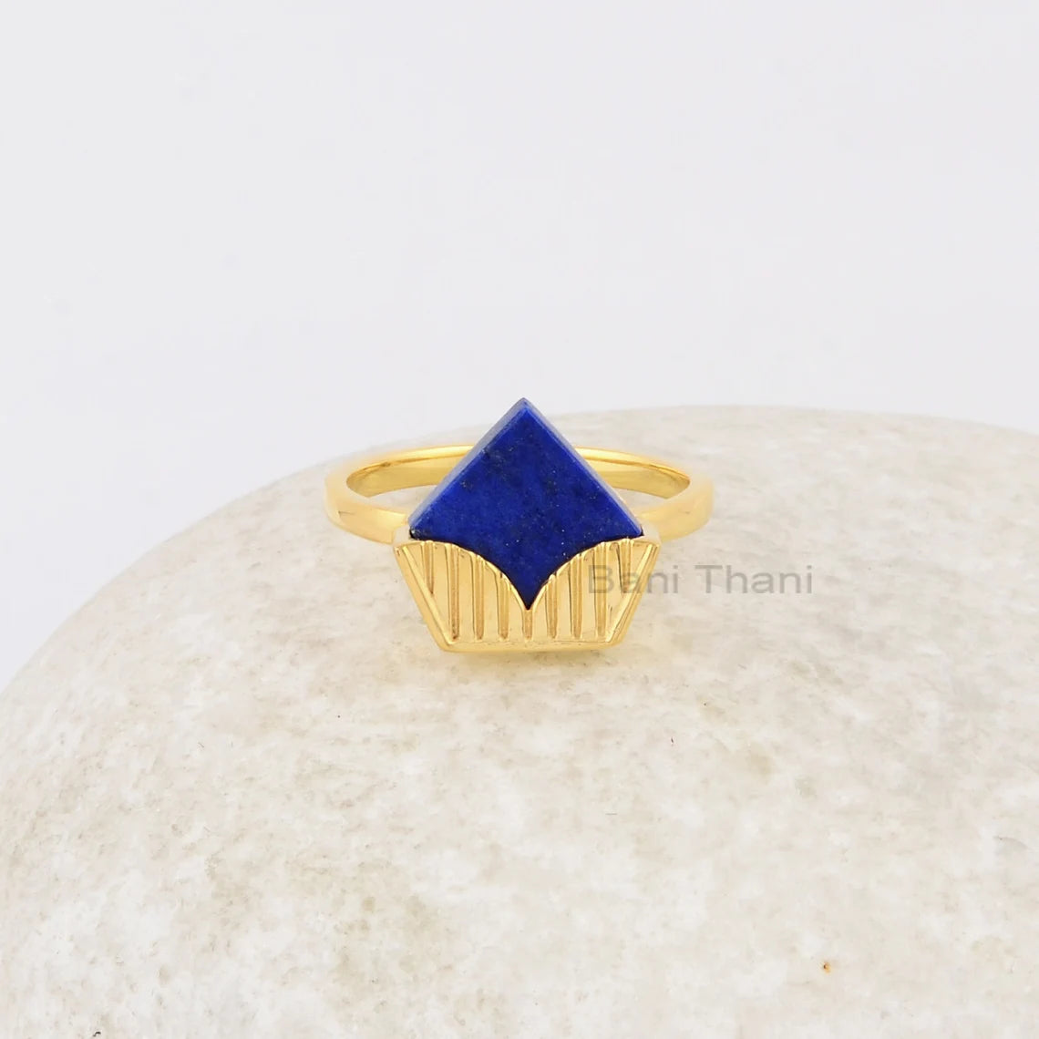 Diamond Shape Lapis Lazuli Gemstone Ring, Micron Gold Plated Silver Ring, Designer Wedding Gift for Her, Delicate Ring, Lapis Cup Cake Ring