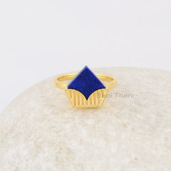 Diamond Shape Lapis Lazuli Gemstone Ring, Micron Gold Plated Silver Ring, Designer Wedding Gift for Her, Delicate Ring, Lapis Cup Cake Ring