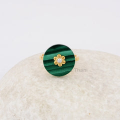 Flower Diamond Ring, Malachite 16mm Round Gemstone Ring, Gold Plated Silver Ring, Gift for Mother, Dainty Ring, Elegant Diamond Ring Jewelry