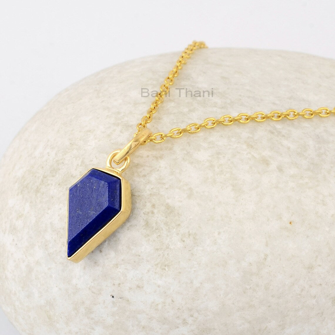 Lapis Lazuli Diamond Shape Gemstone Necklace, Gold Plated Silver Bezel Necklace, Birthday Gift Necklace for Her, Handmade Lapis Necklace