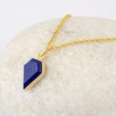 Lapis Lazuli Diamond Shape Gemstone Necklace, Gold Plated Silver Bezel Necklace, Birthday Gift Necklace for Her, Handmade Lapis Necklace