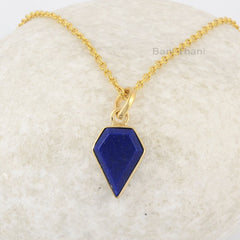 Lapis Lazuli Diamond Shape Gemstone Necklace, Gold Plated Silver Bezel Necklace, Birthday Gift Necklace for Her, Handmade Lapis Necklace