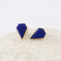 Lapis Lazuli Stud Earrings - 925 Pure Silver - Handcrafted Studs - 9x13mm Step Cut Diamond - Gift For Month Birthday - Jewelry For Young Mom