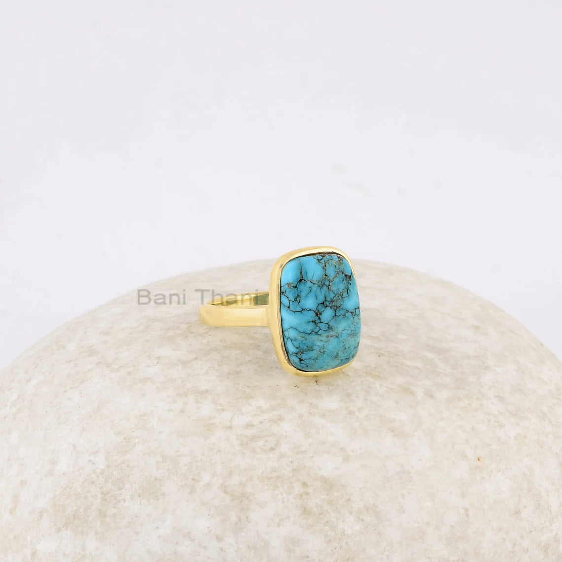 Arizona Turquoise Ring - Handmade Ring - 925 Silver - 10x14 mm Cushion - Gold Plated - Bestseller Jewelry - Gift For Teen -Jewelry For Niece