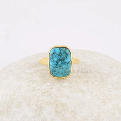 Arizona Turquoise Ring - Handmade Ring - 925 Silver - 10x14 mm Cushion - Gold Plated - Bestseller Jewelry - Gift For Teen -Jewelry For Niece