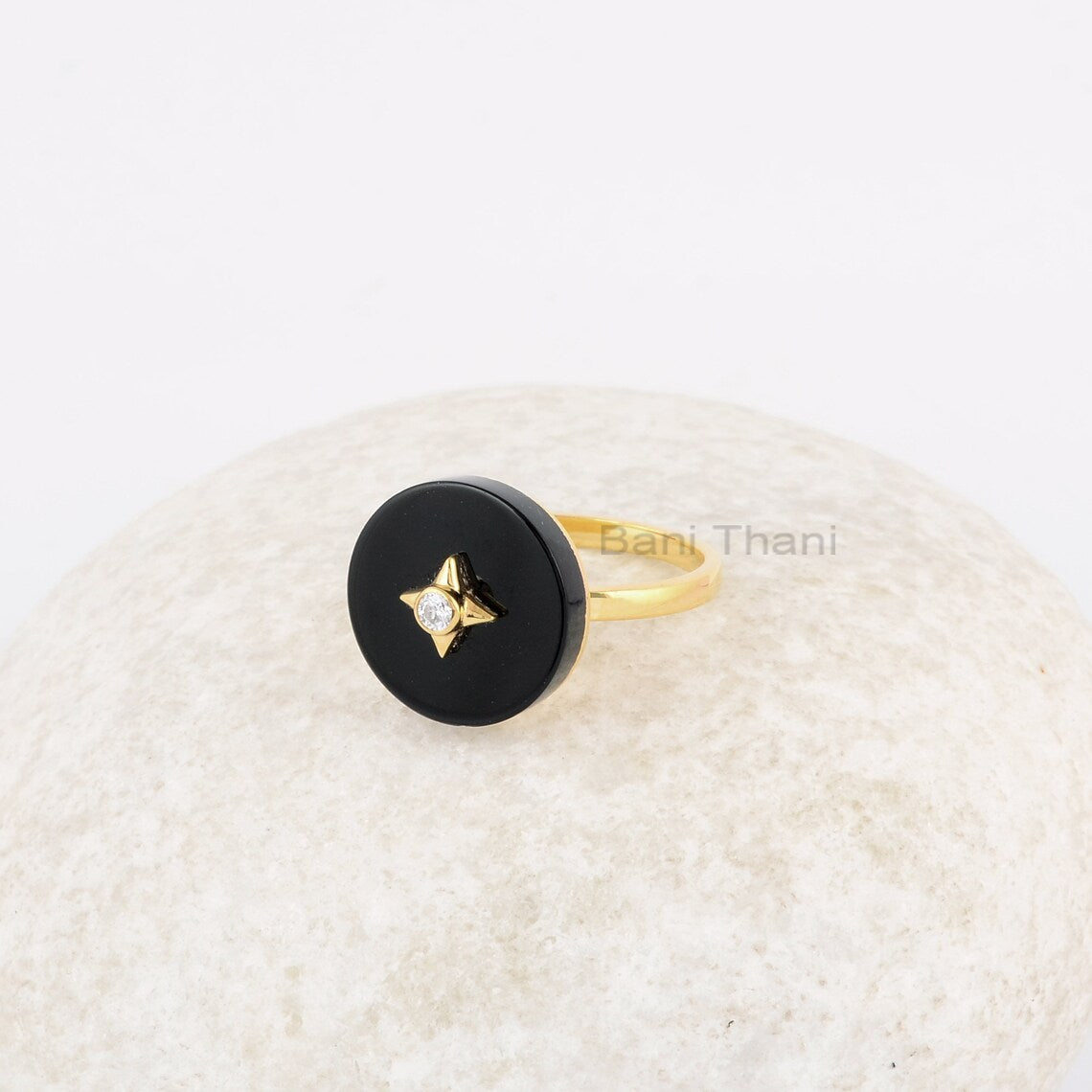 Star Diamond Ring, Gemstone Ring, Black Onyx Flat Sterling Silver Ring, Gold Plated Ring, Womens Ring, Minimalist Ring, Gemstone Jewelry