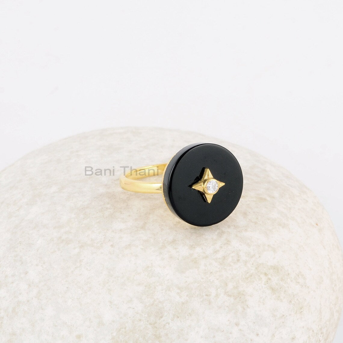 Star Diamond Ring, Gemstone Ring, Black Onyx Flat Sterling Silver Ring, Gold Plated Ring, Womens Ring, Minimalist Ring, Gemstone Jewelry