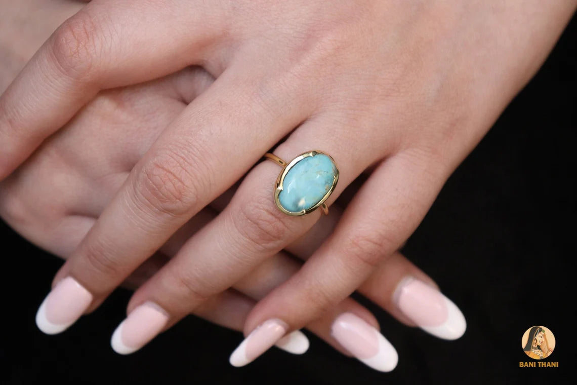 Turquoise Oval Ring, Arizona Turquoise 10x16mm Oval Shape Gemstone Silver Ring, 18k Gold Plated Birthstone Ring, Anniversary Gift For Wife