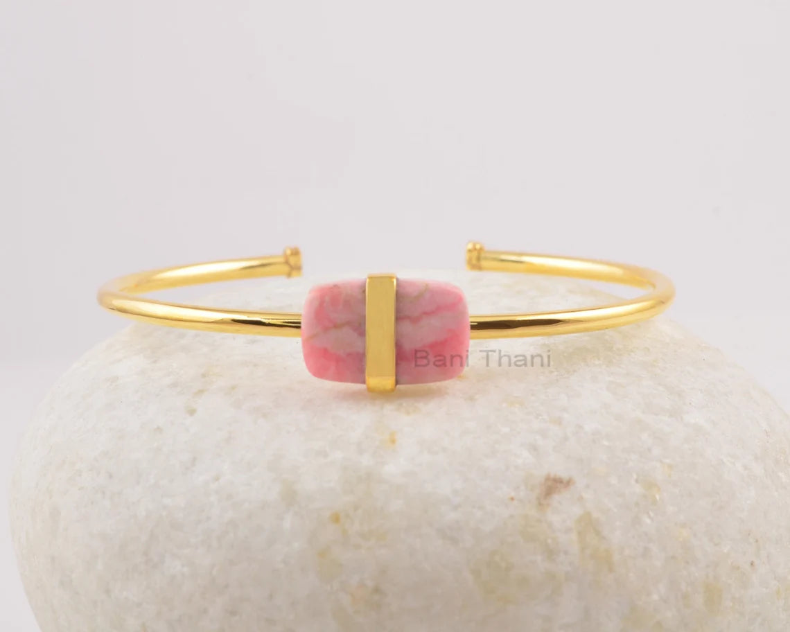 Rhodochrosite Bangle, 925 Sterling Silver, Handmade Bracelet, Rectangle Gemstone Bracelet, Cuff Bangle, Gift for Besties, Jewelry for Sister