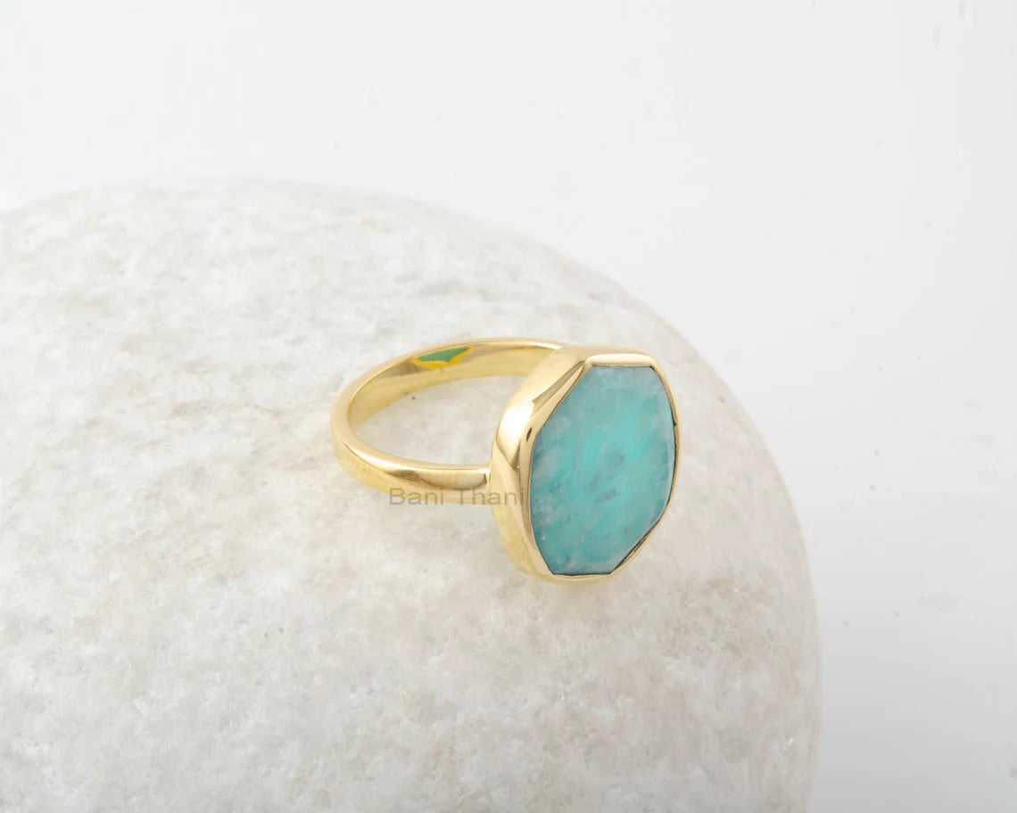 Amazonite Ring - 925 Silver Ring - Micron Gold Plated Ring - Hexagon Gemstone - Semi Precious Jewelry - Jewelry for Lover - Gift for Healing