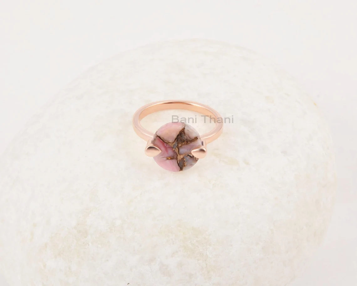 Pink Opal Ring - 925 Silver Ring - Copper Pink Opal - Flat Round Gemstone - Handmade Ring - Custom Jewelry -Jewelry for Mom- Gift for Her