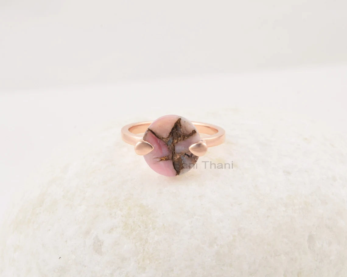 Pink Opal Ring - 925 Silver Ring - Copper Pink Opal - Flat Round Gemstone - Handmade Ring - Custom Jewelry -Jewelry for Mom- Gift for Her