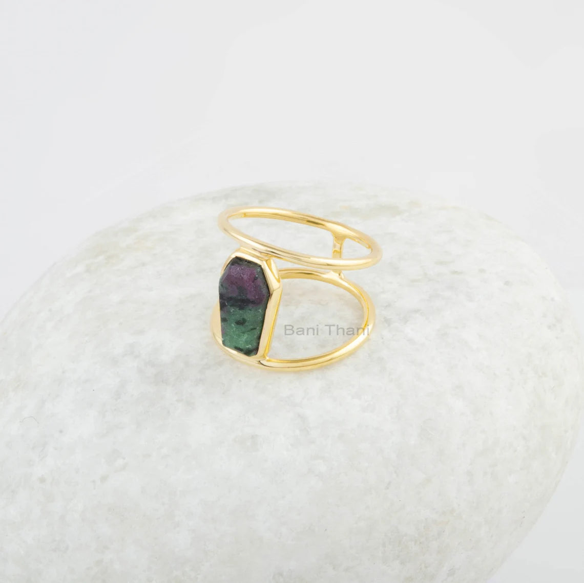 Ruby Zoisite Ring - Gemstone Ring - Dainty Ring - Gold Plated Ring - 925 Sterling Silver - 7x12mm Coffin - Double Band - Ring for Bridesmaid