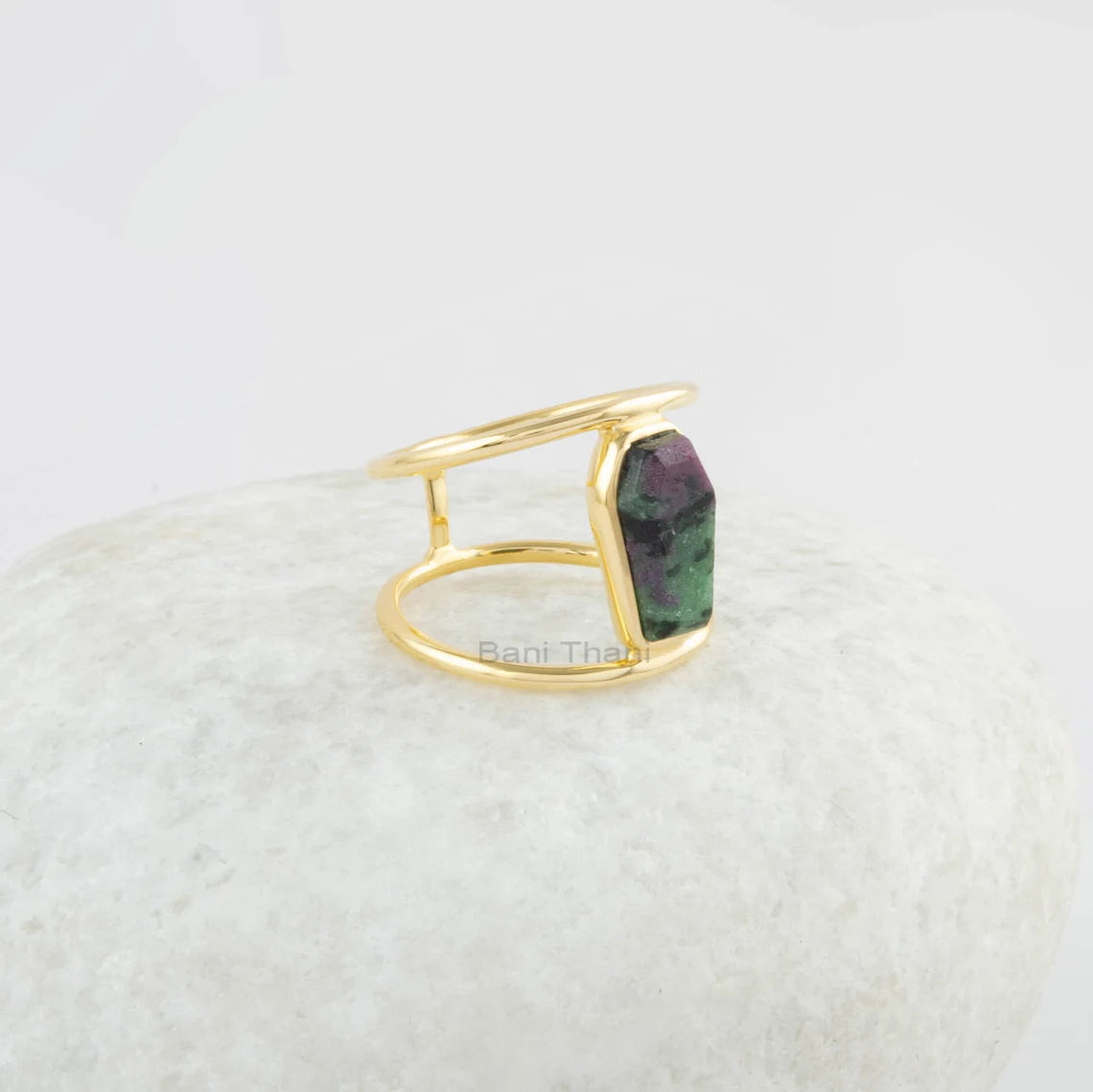 Ruby Zoisite Ring - Gemstone Ring - Dainty Ring - Gold Plated Ring - 925 Sterling Silver - 7x12mm Coffin - Double Band - Ring for Bridesmaid