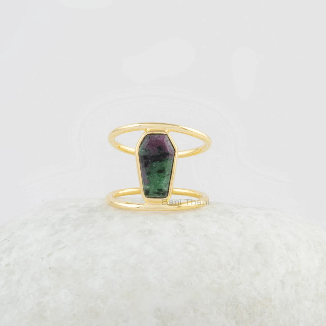 Ruby Zoisite Ring - Gemstone Ring - Dainty Ring - Gold Plated Ring - 925 Sterling Silver - 7x12mm Coffin - Double Band - Ring for Bridesmaid