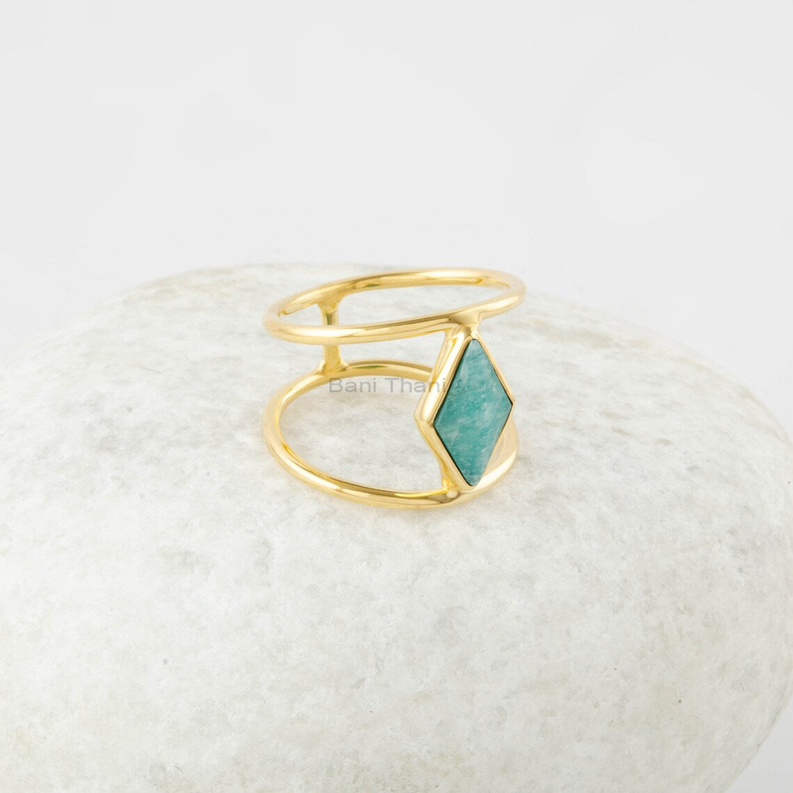 Amazonite Ring - Gemstone Ring - 7x12mm Diamond - 925 Sterling Silver Ring - Double Band - Ring for Women - Gold Plated Ring - Gift for Her