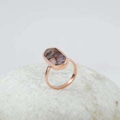 Gift for Mom - Gemstone Ring - Pink Opal Copper Ring - 8x18mm Flat Ring - 925 Sterling Silver - Wedding Gift Ring - Rose Gold Plated Ring