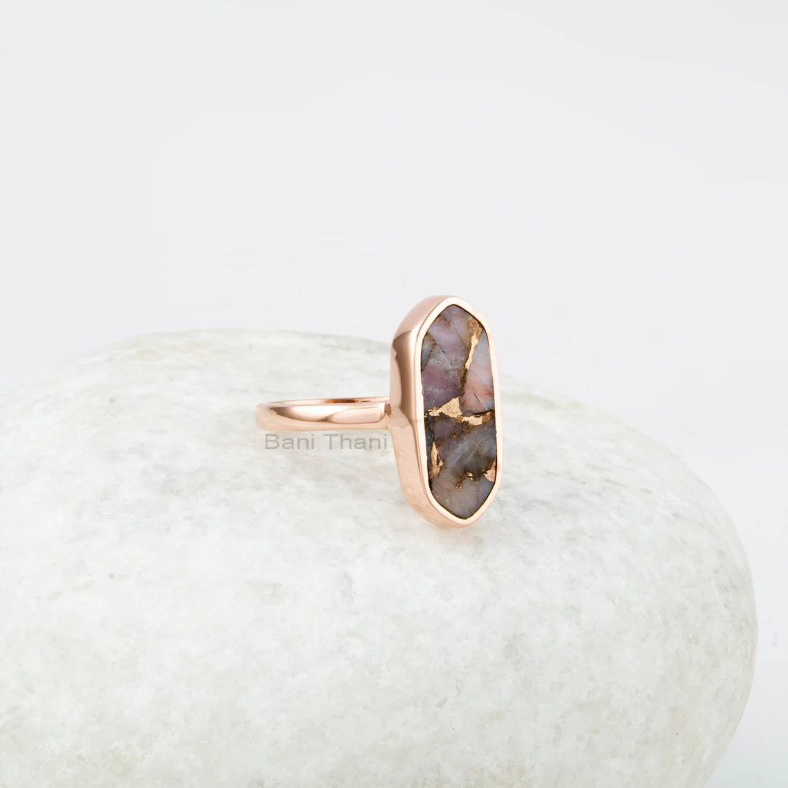 Gift for Mom - Gemstone Ring - Pink Opal Copper Ring - 8x18mm Flat Ring - 925 Sterling Silver - Wedding Gift Ring - Rose Gold Plated Ring