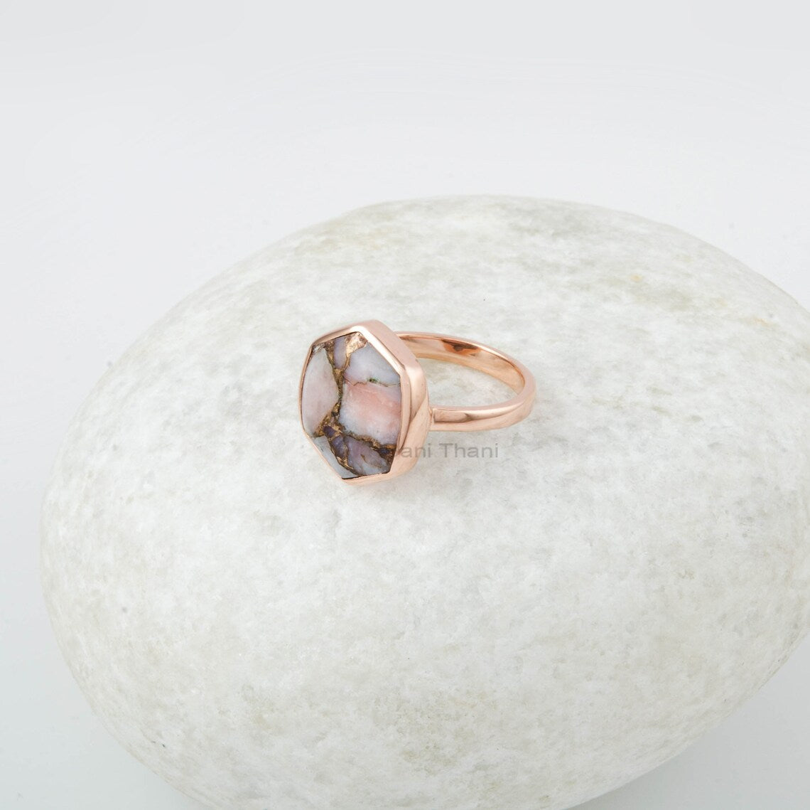 Hexagon Silver Ring - Gemstone Ring - Pink Opal Copper 13x15mm Ring - Rose Gold Plated Ring - Ring for Women - Handmade Ring - Gift for Her