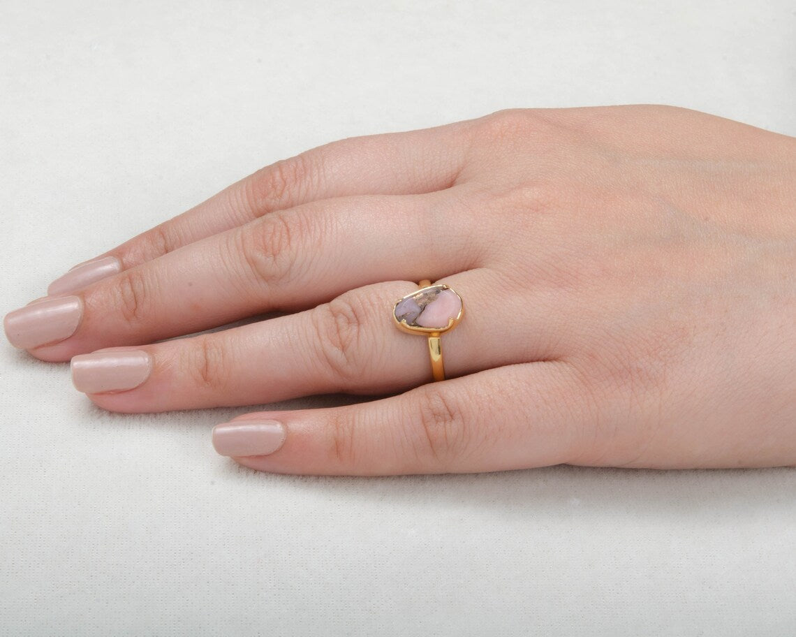 Pink Opal Gemstone Jewelry - 925 Silver Ring - Opal Copper Rings - Gold Plated Ring - 40 Birthday Gift Ring - Jewelry for Bridesmaid 8x12mm