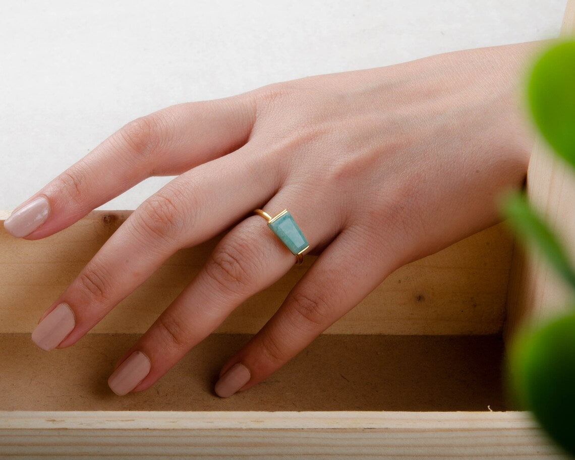 Amazonite Ring - Gold Plated - Tapered Baguette - Handmade Ring - Artisan Jewelry - Gemstone Ring - Gift for Women - Gemstone Jewelry